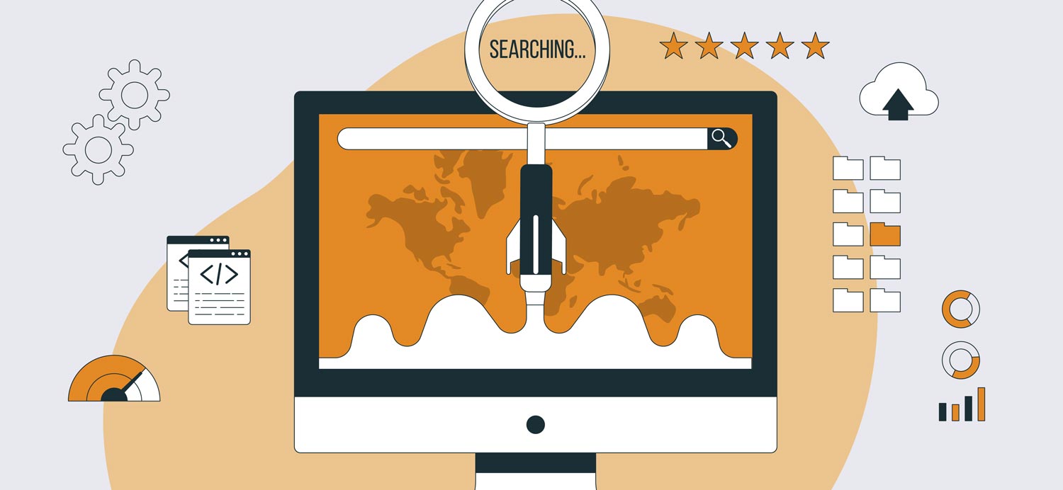 A computer screen with a magnifying glass, for prioritizing SEO.