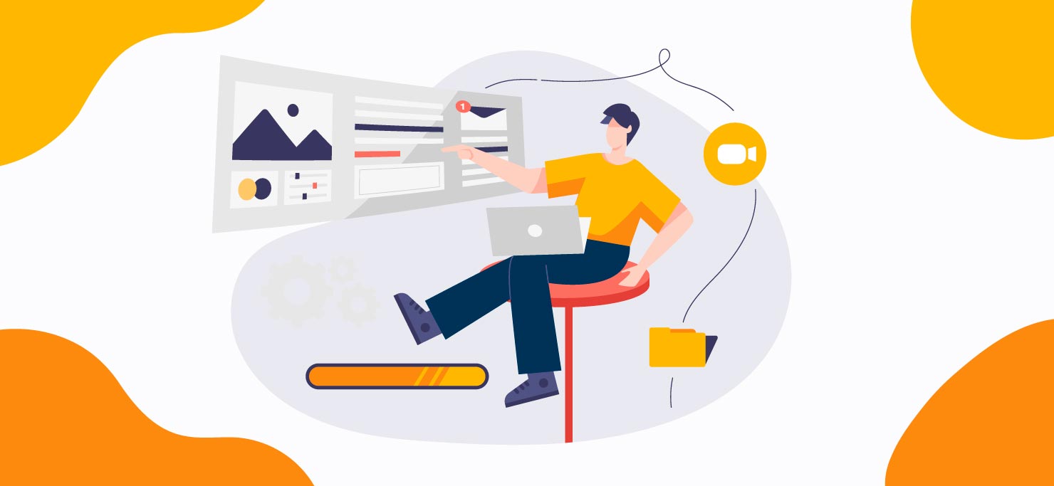 A video editor working on a laptop with a large screen floating in front of him.t