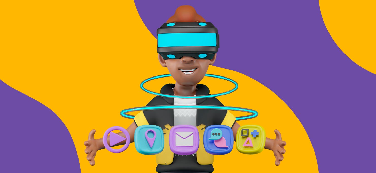 A 3D illustration of a man wearing VR goggles, surrounded by floating icons.