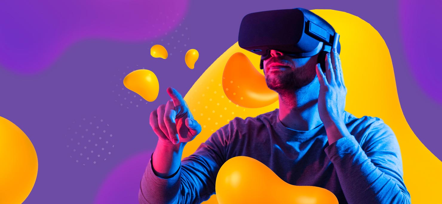A man wearing VR goggles and pointing. He is against a purple and yellow Designity blob background.