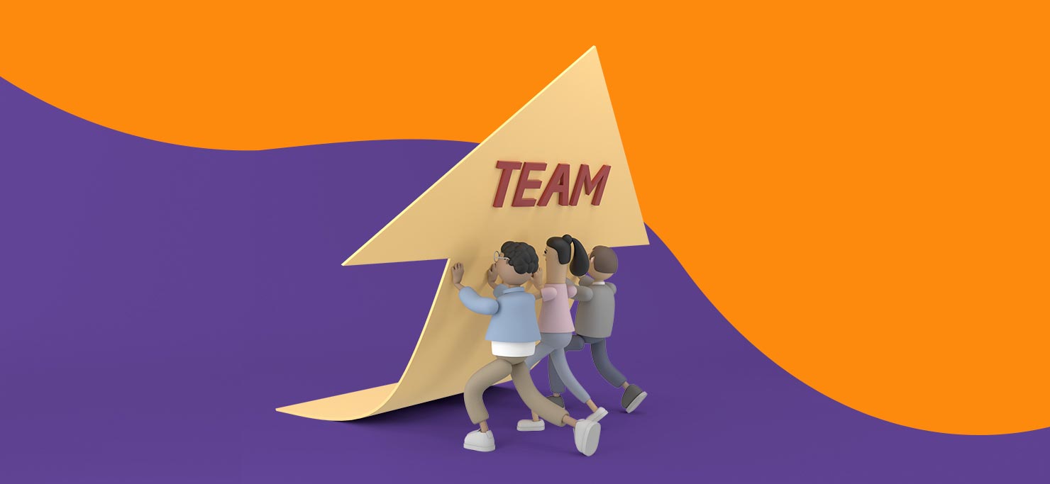 A 3D mockup of a creative team of 3, all pushing an arrow upward.