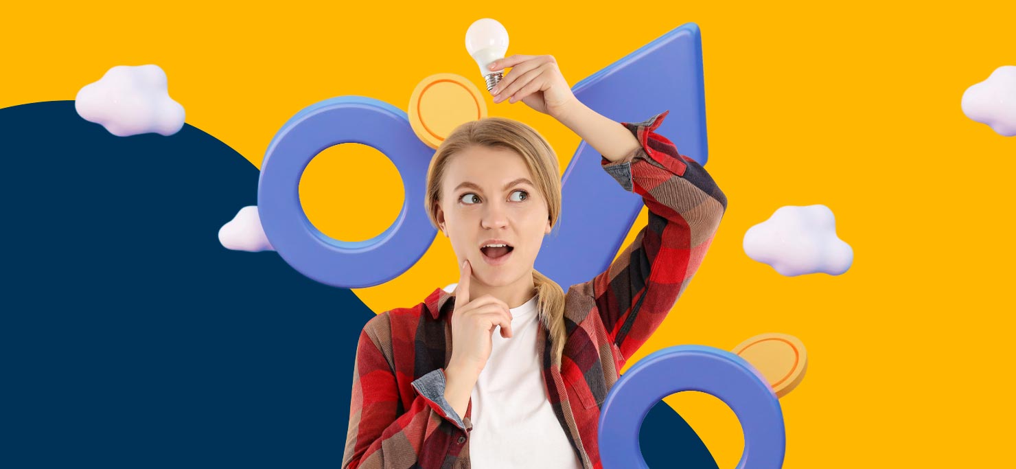 A woman holds a lightbulb over her head, against a navy and yellow Designity background.