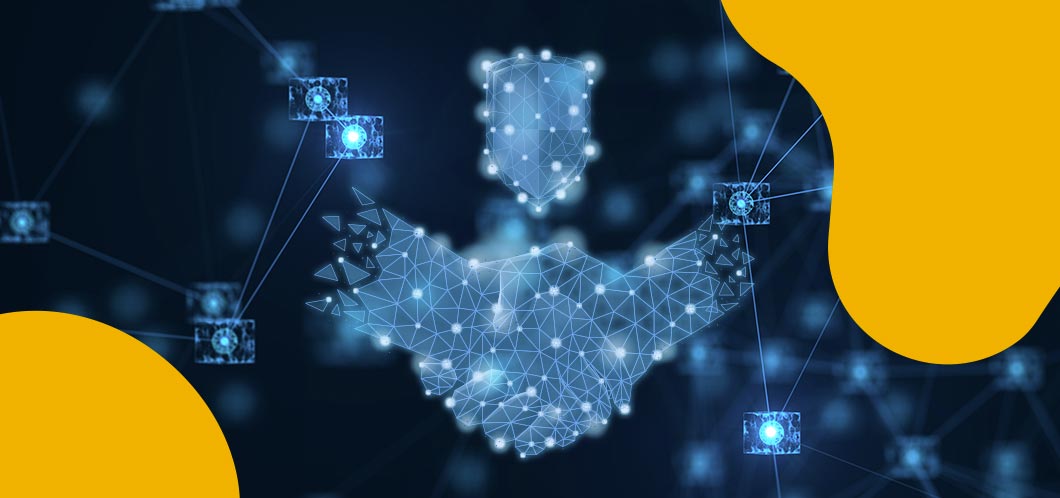 A futuristic character made up of diamonds and light, against a navy and yellow Designity background.