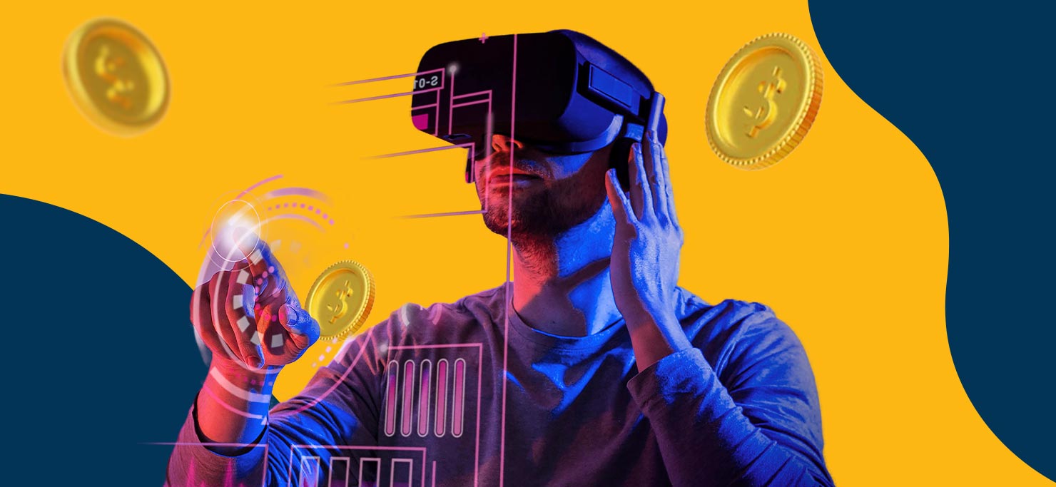 A man using VR goggles in the Metaverse.