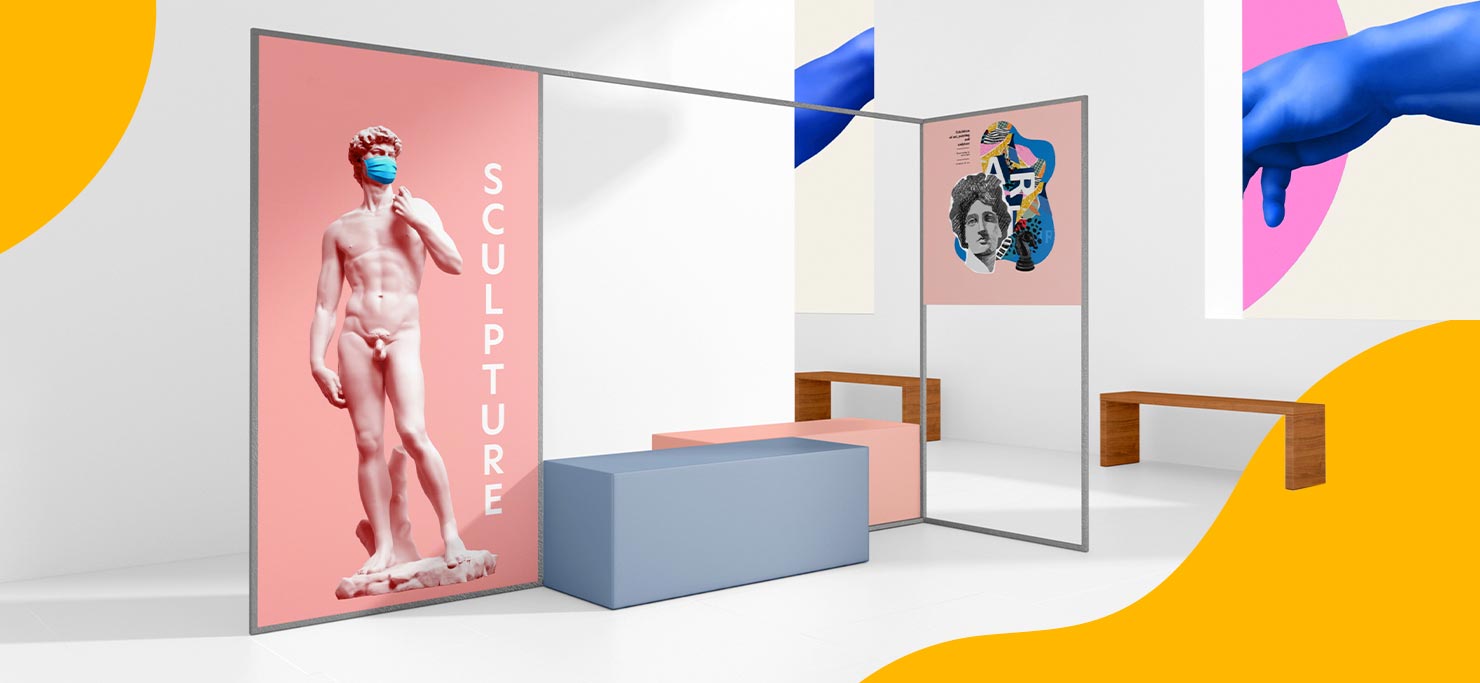 A trade show booth featuring Michaelangelo's David.