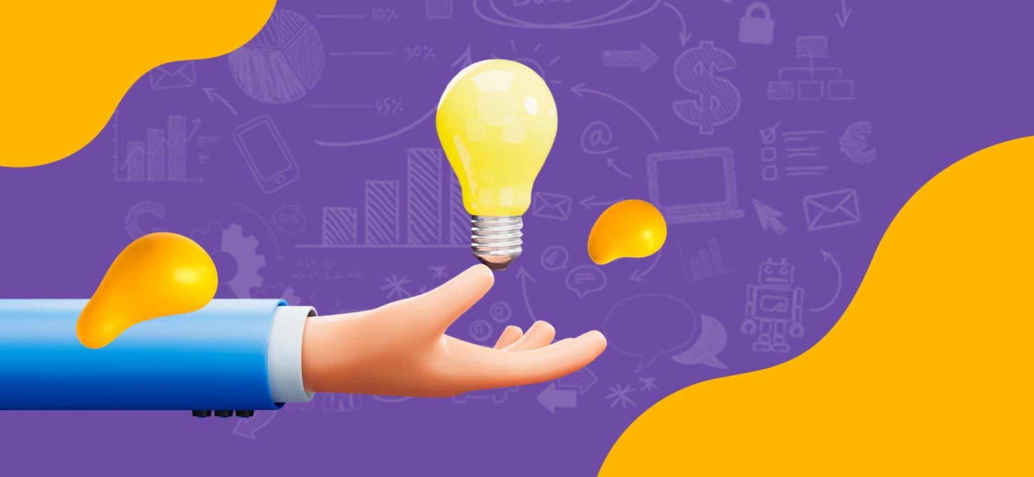 A 3D illustration of a hand holding up a lightbulb, set against a purple and yellow Designity background.