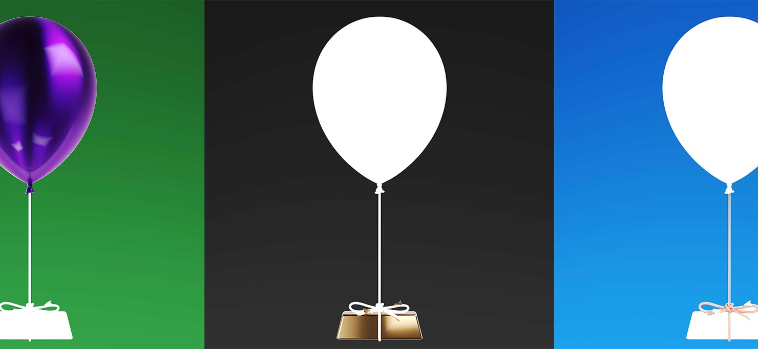 Three balloon, side by side, tied to three different wrapped gifts.