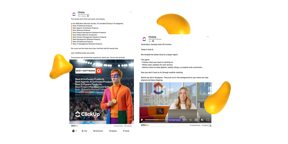 ClickUp social media ad creatives showcasing AI-powered productivity features across LinkedIn and video campaign formats