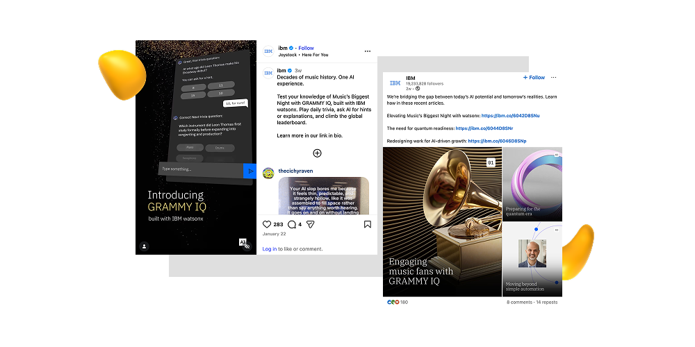 IBM social media campaign creatives promoting AI-powered GRAMMY IQ using interactive chatbot interface and branded LinkedIn ad design