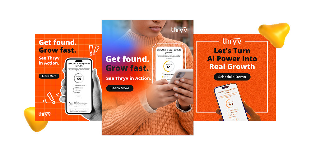 Branded social media ad creatives for Thryv SaaS platform using consistent orange visual identity, typography, and device mockups across campaign variations