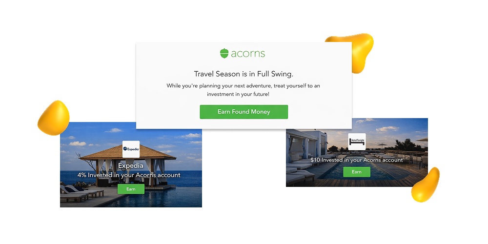 Example of embedded finance partnership marketing with Acorns Found Money feature offering cashback investments through partner brands like Expedia.