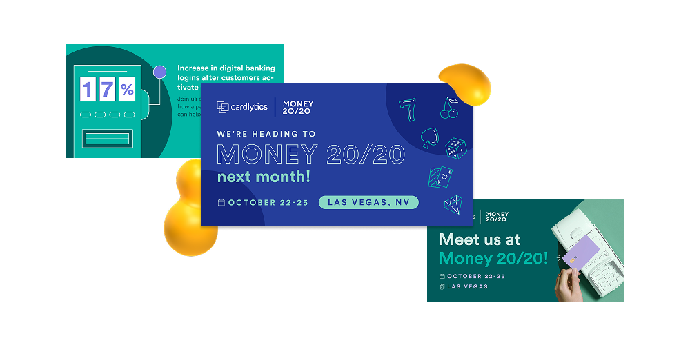 Multichannel financial services marketing campaign for Cardlytics promoting the Money 20/20 conference with social media and digital ad creatives.