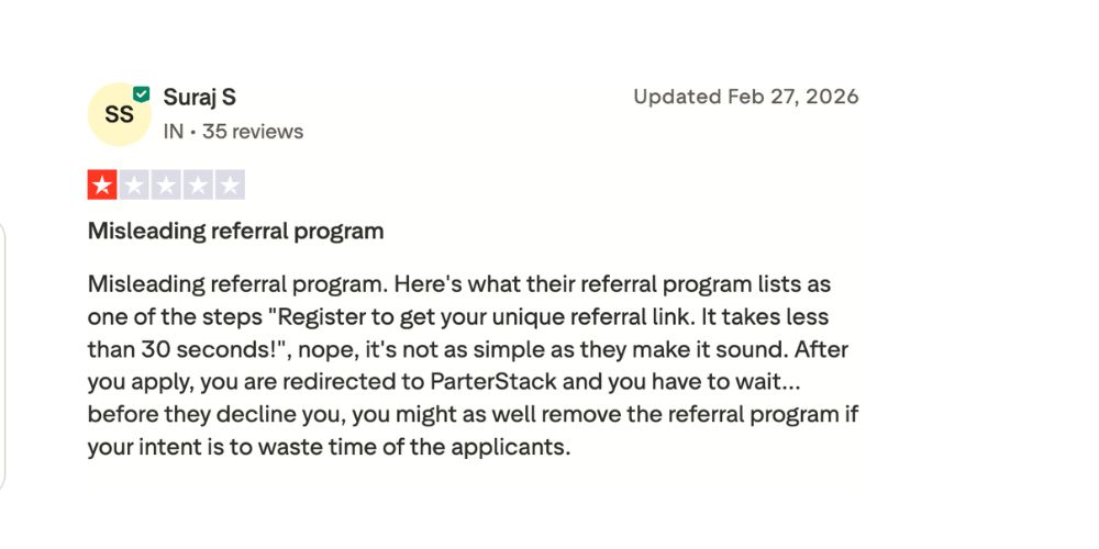 Trustpilot review criticizing MarketerHire referral program shown in a MarketerHire alternatives and competitors comparison featuring Designity
