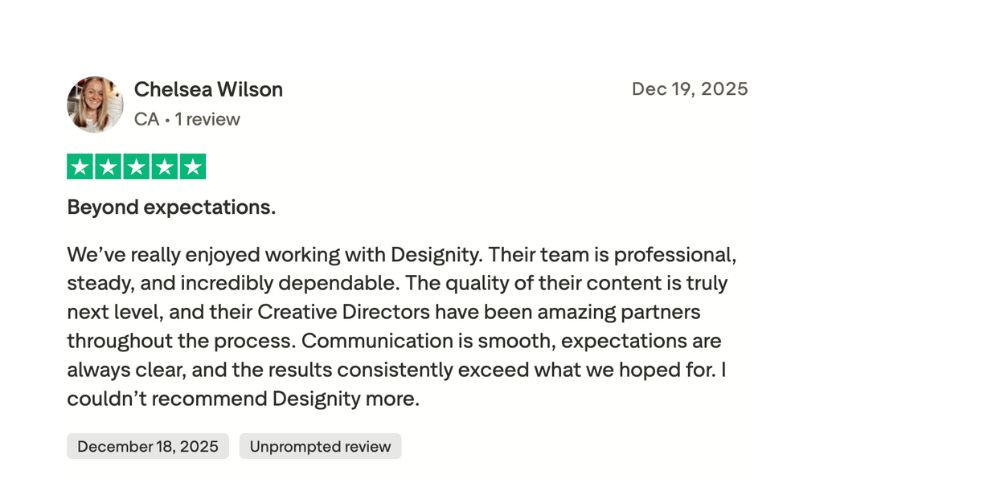 Positive Trustpilot review praising Designity services featured in a MarketerHire alternatives and competitors comparison.