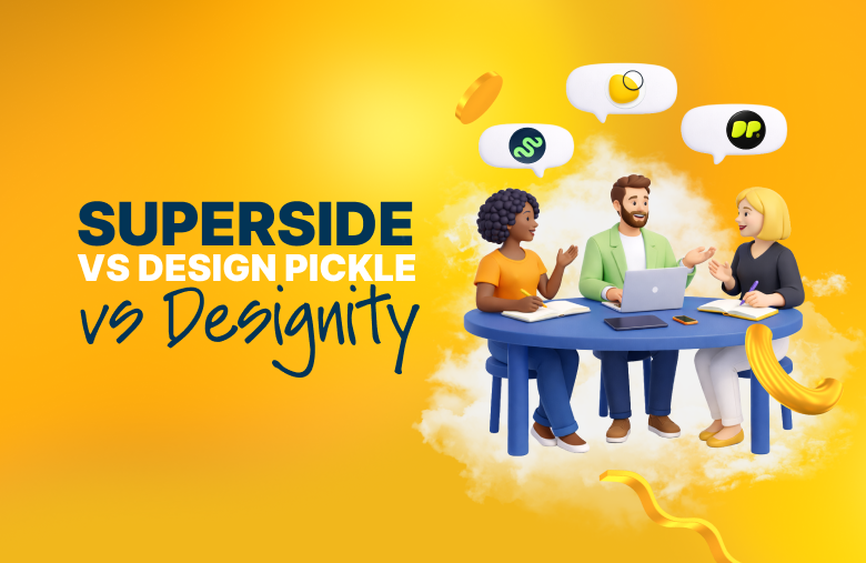 Superside vs Design Pickle vs Designity comparison graphic with a creative team meeting around a table on a yellow background.