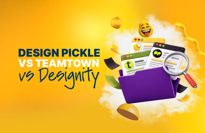 Design Pickle vs Teamtown vs Designity comparison graphic showing creative subscription platforms with folder, browser windows, and magnifying glass illustration