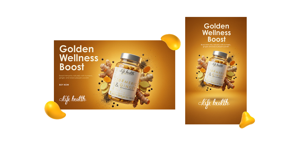 Golden Wellness Boost supplement advertising creatives designed by Craig Wright at Designity, including social media and vertical ad formats