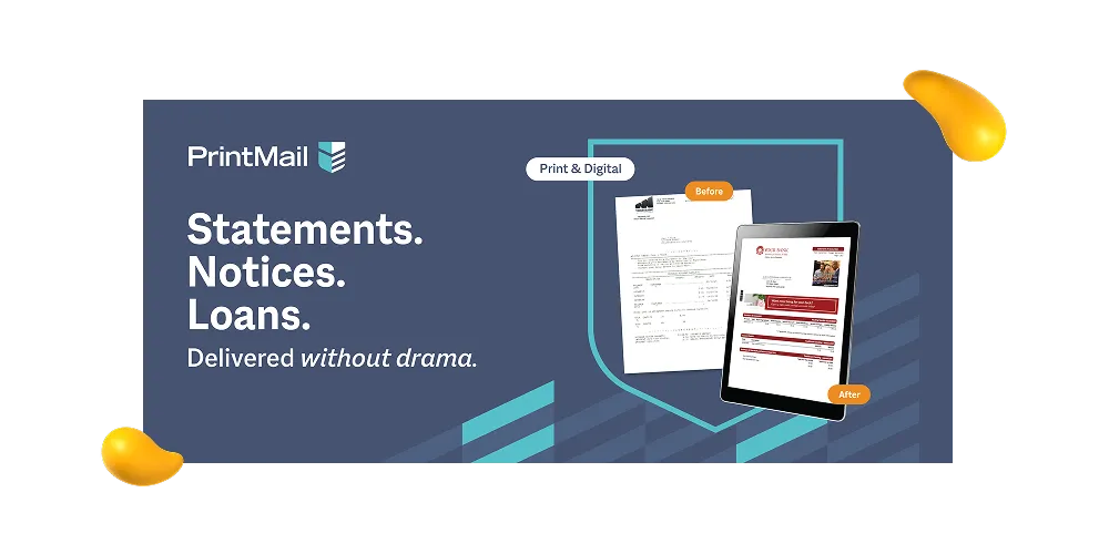 PrintMail marketing banner design for statements, notices, and loans campaign created by Craig Wright at Designity