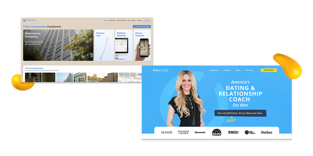 John Quisenberry web developer at Designity portfolio collage featuring a construction dashboard website and a men’s dating coach landing page on a black background