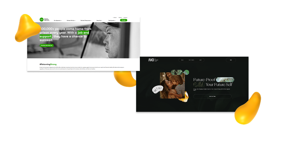 John Quisenberry web developer at Designity portfolio collage showing a workforce support nonprofit website and a dark luxury wellness landing page on a black background
