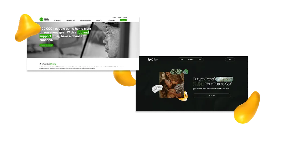 John Quisenberry web developer at Designity portfolio collage showing a workforce support nonprofit website and a dark luxury wellness landing page on a black background