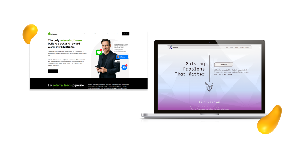 John Quisenberry web developer at Designity portfolio collage featuring a referral software website and a technology consulting website displayed on a laptop mockup