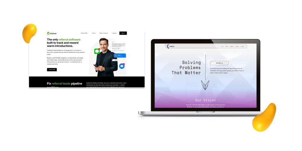 John Quisenberry web developer at Designity portfolio collage featuring a referral software website and a technology consulting website displayed on a laptop mockup