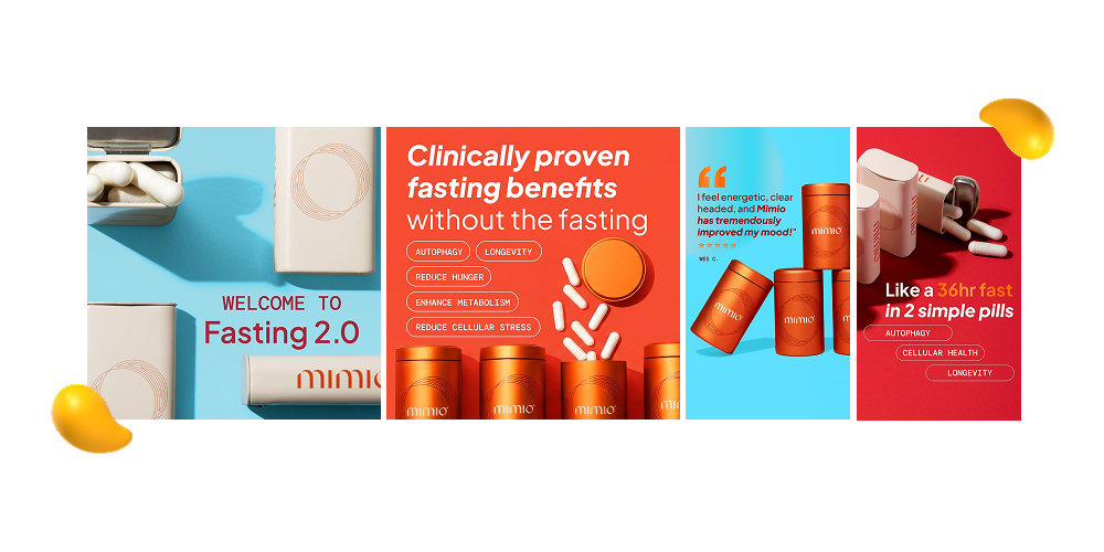 Designity Instagram marketing strategy example featuring Mimio supplement ad concepts with bold product visuals, fasting benefits messaging, and bright wellness branding.