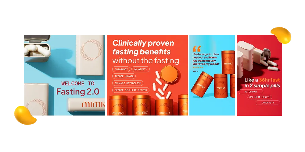 Designity Instagram marketing strategy example featuring Mimio supplement ad concepts with bold product visuals, fasting benefits messaging, and bright wellness branding.
