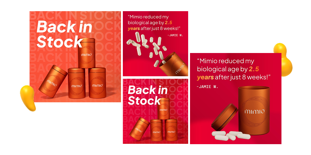 Designity Instagram marketing strategy creative for Mimio showing back-in-stock ads, product packaging, capsules, and customer testimonial-style wellness messaging.
