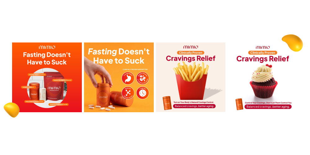 Designity Instagram marketing strategy example for Mimio with colorful social ad designs focused on fasting support, cravings relief, and scroll-stopping product marketing.