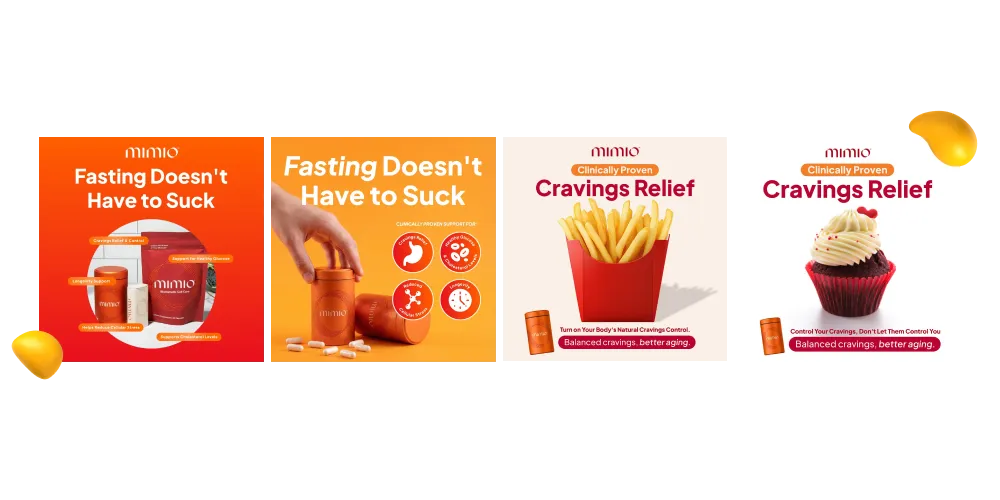 Designity Instagram marketing strategy example for Mimio with colorful social ad designs focused on fasting support, cravings relief, and scroll-stopping product marketing.