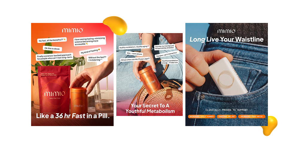 Designity Instagram marketing strategy mockups for Mimio featuring lifestyle-focused supplement ads with bold headlines, product-in-hand visuals, and modern wellness branding.