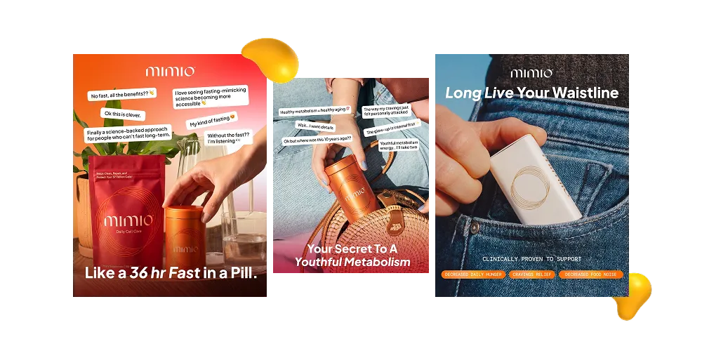 Designity Instagram marketing strategy mockups for Mimio featuring lifestyle-focused supplement ads with bold headlines, product-in-hand visuals, and modern wellness branding.