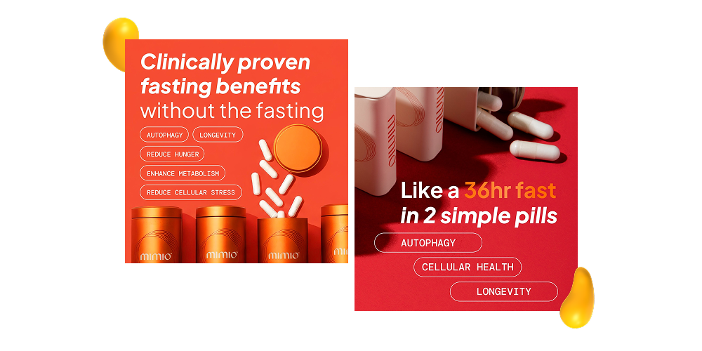 Designity Instagram marketing strategy ad concepts for Mimio highlighting clinically proven fasting benefits and 36-hour fast messaging with bold product photography.