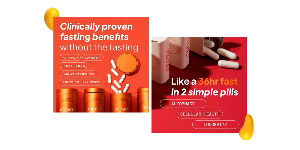Designity Instagram marketing strategy ad concepts for Mimio highlighting clinically proven fasting benefits and 36-hour fast messaging with bold product photography.