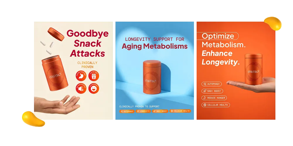 Designity Instagram marketing strategy creative for Mimio showcasing wellness ad variations about snack attacks, metabolism support, longevity, and vibrant product-centered design.