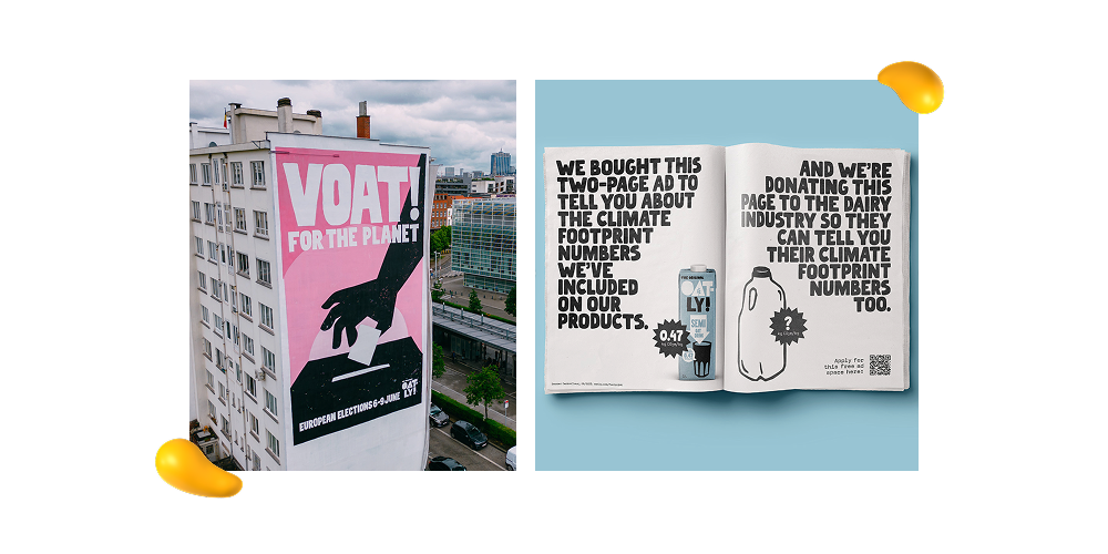 Designity food brand marketing example featuring Oatly’s bold advertising, strong brand voice, and sustainability-focused campaign creative