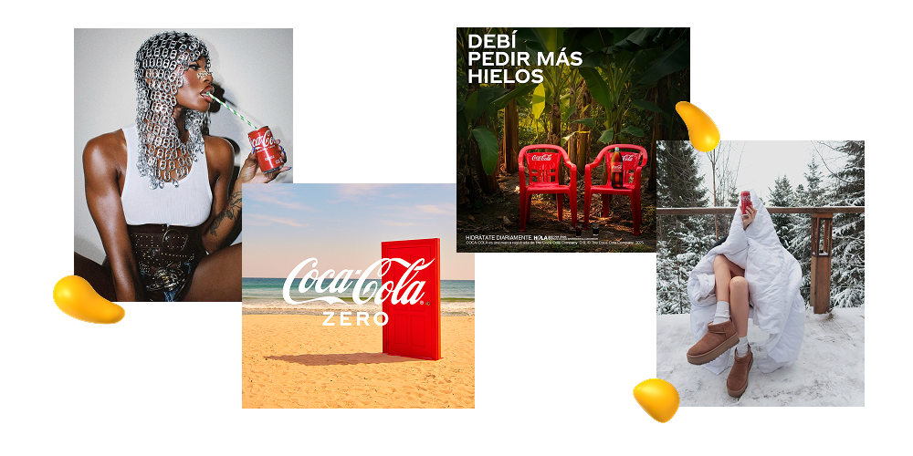 Designity food brand marketing example showcasing Coca-Cola’s consistent visual identity, lifestyle campaigns, and recognizable brand assets