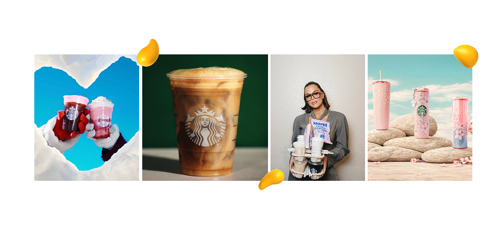 Designity food brand marketing example highlighting Starbucks seasonal drink campaigns, product styling, and lifestyle content