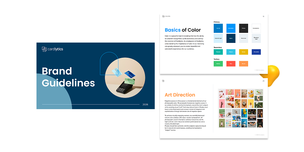 Designity brand guidelines and creative strategy work for Cardlytics, including brand colors, art direction, and visual identity systems.