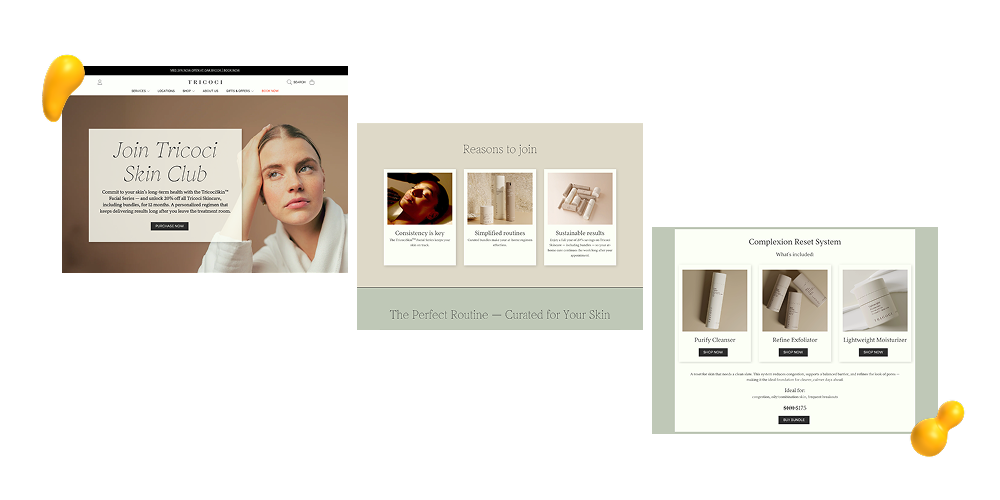 Designity website and email marketing design for Tricoci, showcasing skincare product promotions, landing pages, and digital campaign assets.