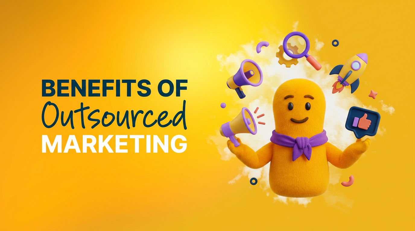 Designity illustration showing the benefits of outsourced marketing with creative and digital marketing symbols like megaphones, rocket, and analytics icons.