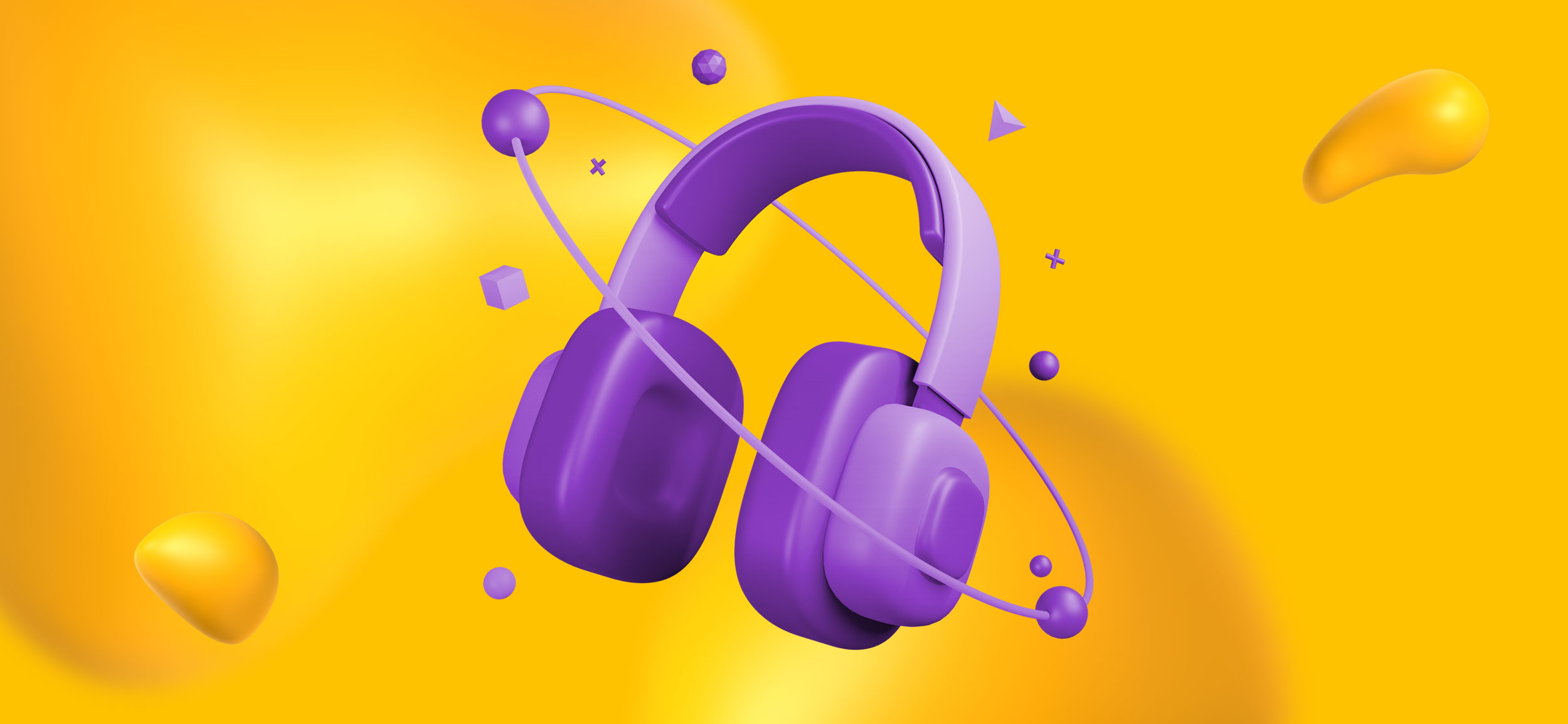 A set of cool purple headphones against a Designity blob background.