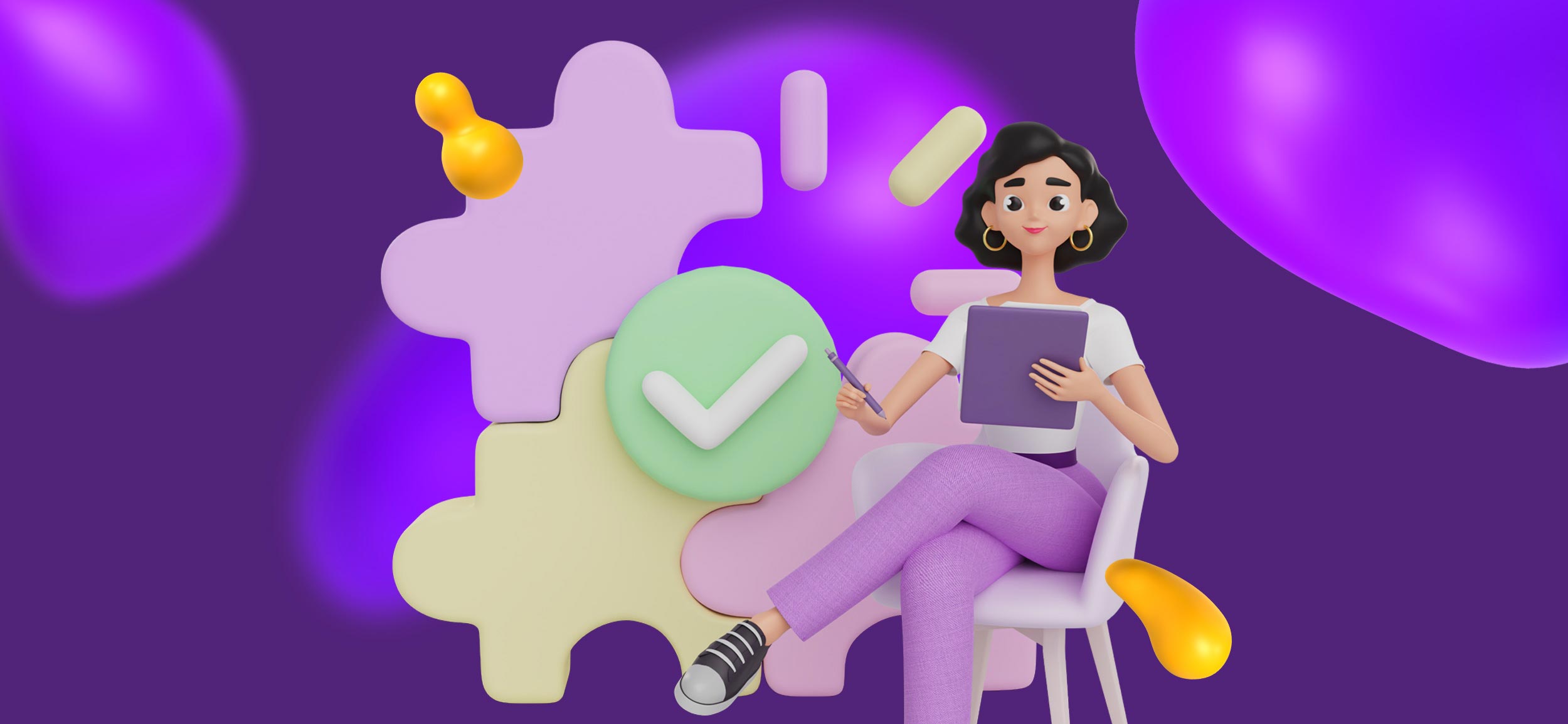 A Creative Director sits in a chair, studying a clipboard. Next to her are interlocking puzzle pieces, signifying that she is maintaining a cohesive environment.