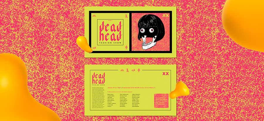 A fashion show cover designed by Ashton, featuring the jawbone of a skull with a wig.