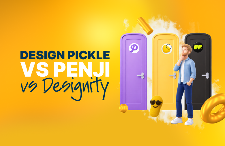 Design Pickle vs Penji vs Designity comparison graphic showing three doors representing creative subscription platforms