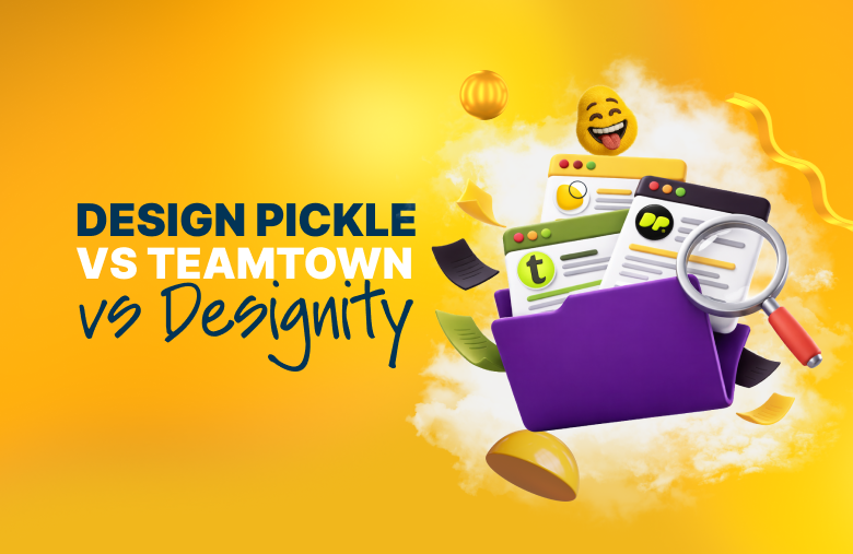 Design Pickle vs Teamtown vs Designity comparison graphic showing creative subscription platforms with folder, browser windows, and magnifying glass illustration