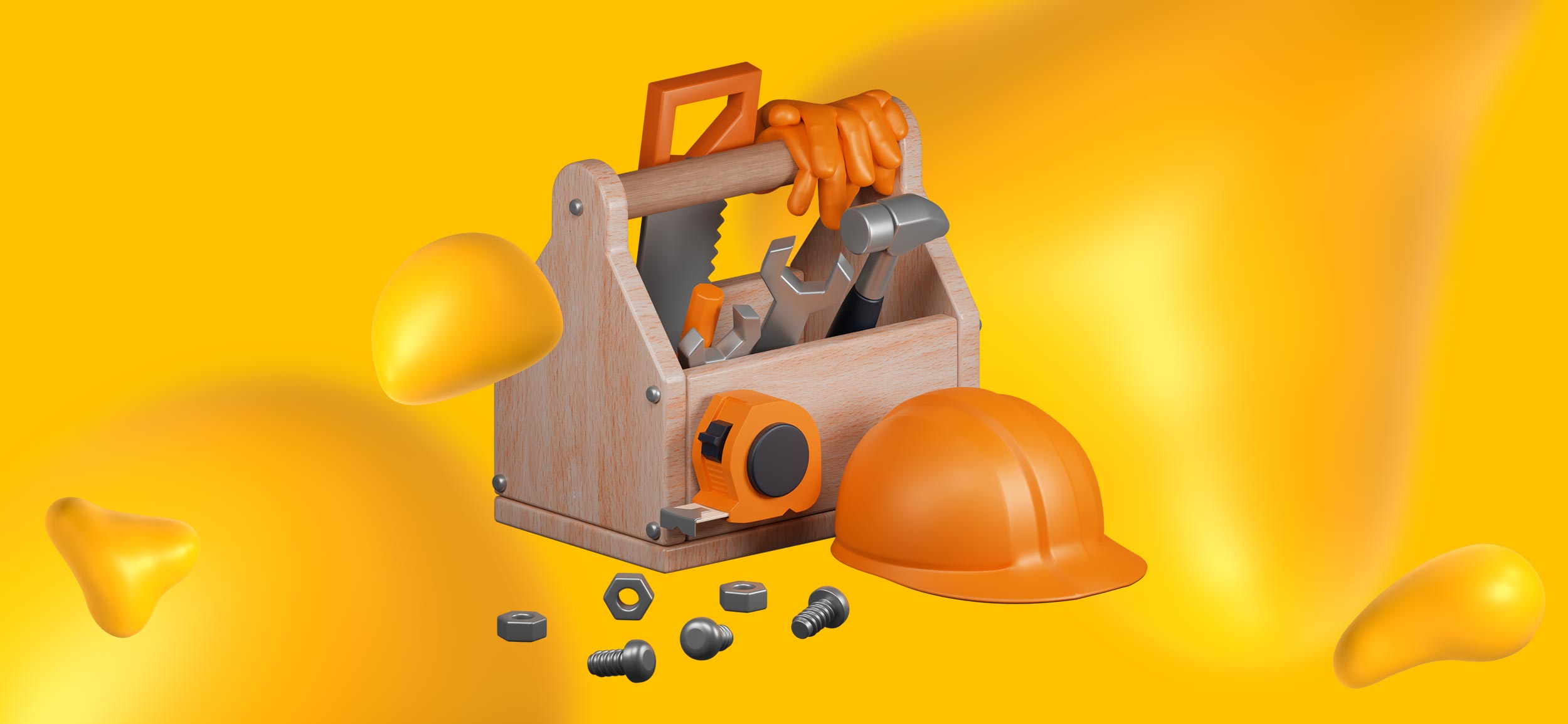A home services professional's toolkit, full of tools, and a construction helmet.