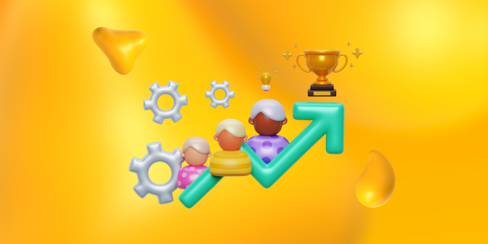 An arrow trending upward through customers and gears to a golden trophy. Here is how to build a successful automotive brand.